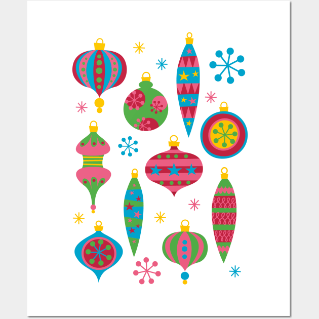 Retro Christmas Ornaments Colorful - Mid Century Modern White Wall Art by PUFFYP